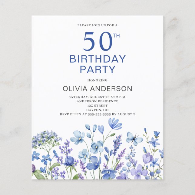 Budget 50th Birthday Blue Floral Invitation Flyer (Front)