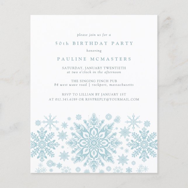 BUDGET 50th Birthday Blue Snowflake Invitation (Front)