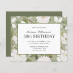 Budget 50th Birthday Feminine White Flowers sage<br><div class="desc">LOW COST WEDDING INVITATION *** PRINTED ON AFFORDABLE, LIGHTER-WEIGHT PAPER *** A beautifully feminine party invitation to celebrate a 50 th birthday in elegant botanical style, This design features an elegant botanical pattern of white flowers and leaves in watercolor palette of ivory, cream sage and moss green on a light...</div>