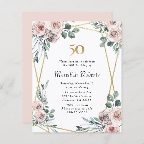 Budget 50th Birthday Floral Gold Party Invite