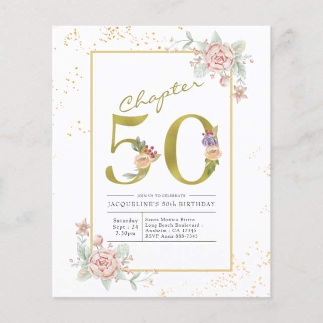 Budget 50th Birthday Floral Gold Script Invitation Flyer (Front)