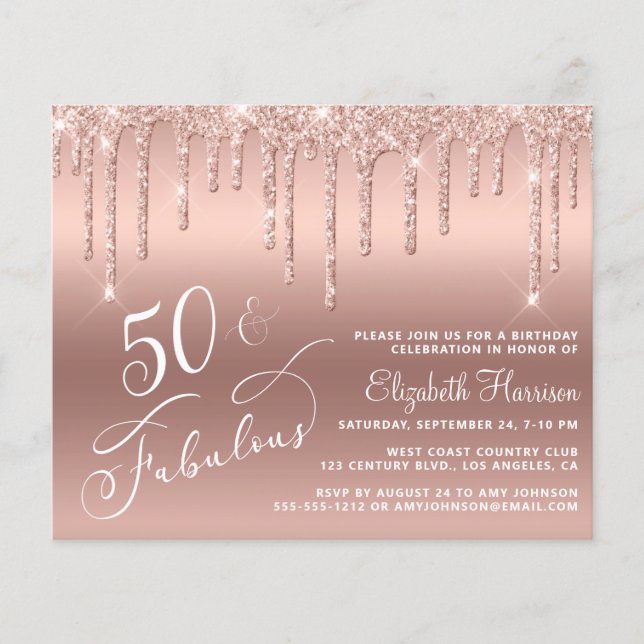 Budget 50th Birthday Glitter Rose Gold Invitation Flyer (Front)