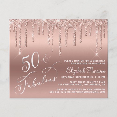 Budget 50th Birthday Glitter Rose Gold Invitation Flyer
