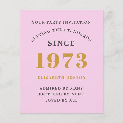 Budget 50th Birthday Invitation Pink Gray 1973 Flyer