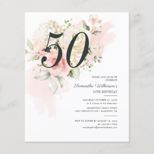 Budget 50th Birthday Party Pink Floral Invitation