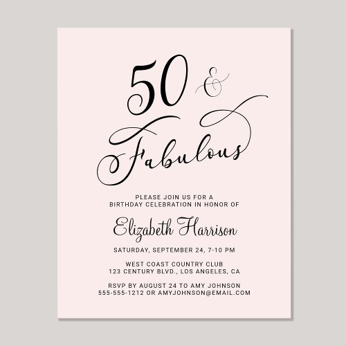 Budget 50th Birthday Party Pink Invitation