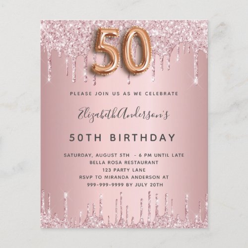 Budget 50th Birthday pink dusty rose glitter drips