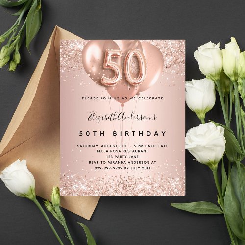 Budget 50th birthday rose gold balloons invitation