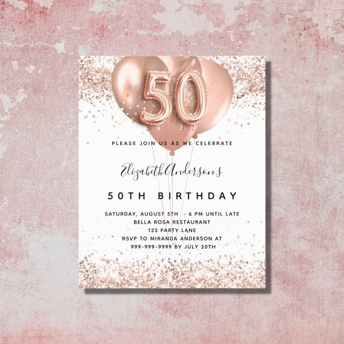 Budget 50th birthday rose gold balloons invitation