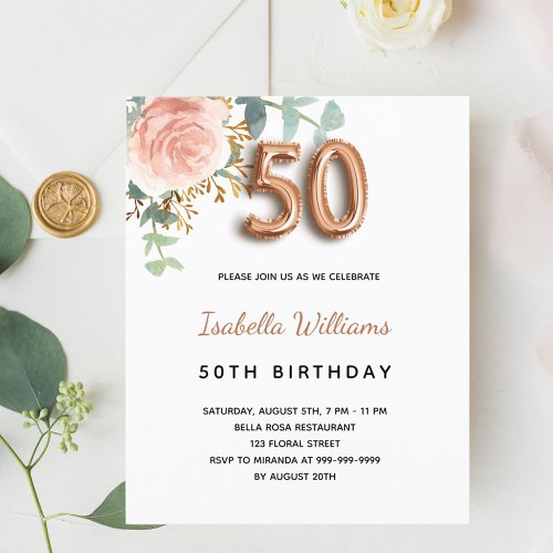 Budget 50th birthday rose gold eucalyptus floral