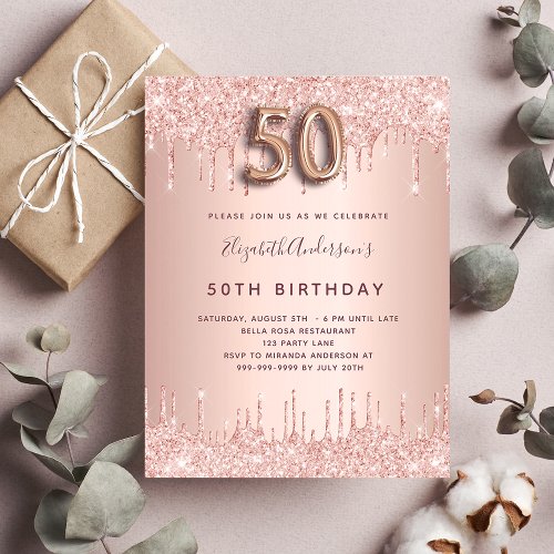 Budget 50th Birthday rose gold glitter invitation