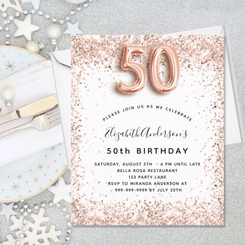 Budget 50th birthday rose gold white invitation