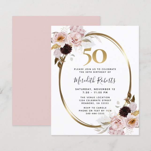 Budget 50th Birthday Roses and Gold Party Invite (Front/Back)