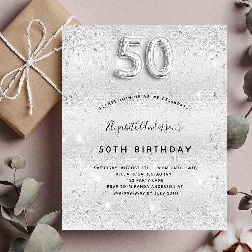 Budget 50th birthday silver glitter invitation