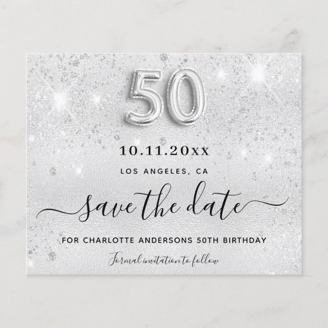 Budget 50th birthday silver glitter save the date (Front)