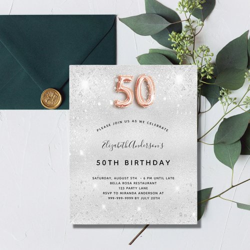 Budget 50th birthday silver rose gold invitation
