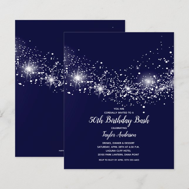 Budget 50th Birthday Stars on Navy Blue Invites (Front/Back)