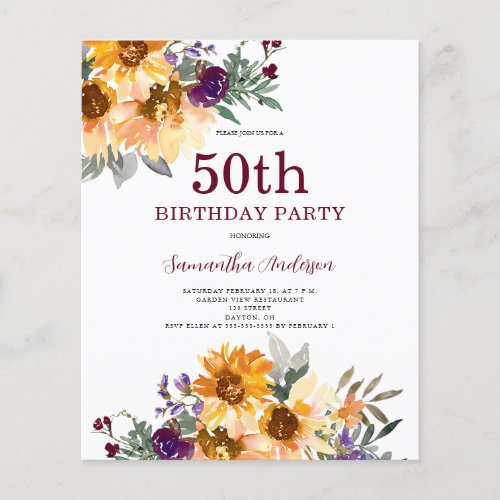 Budget 50th Birthday Sunflower Invitation Flyer