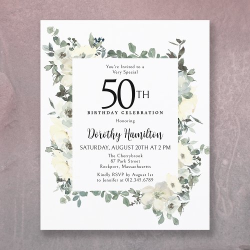 Budget 50th Birthday White Floral Invitation