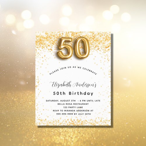 Budget 50th birthday white gold glitter invitation