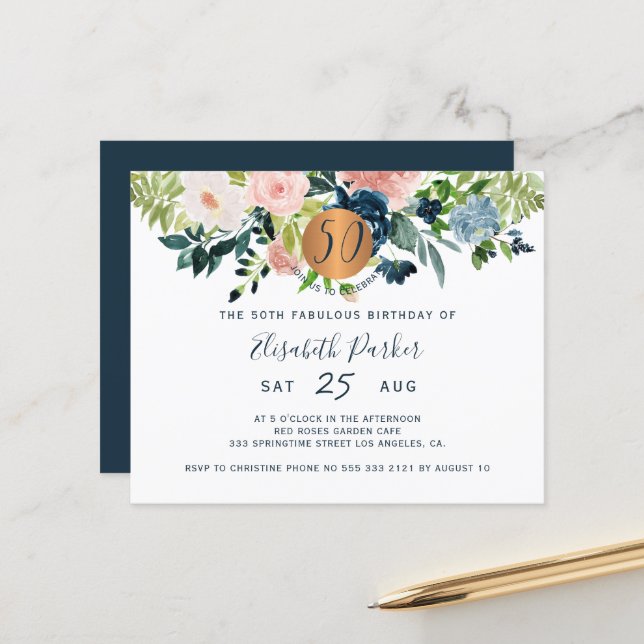 Budget 50th floral birthday party Invitation (Front/Back In Situ)