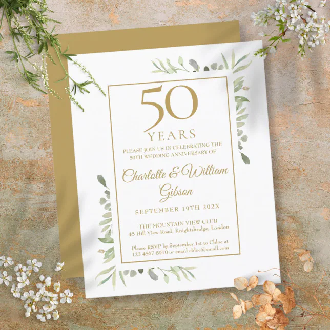 Budget 50th Golden Anniversary Greenery Invitation | Zazzle