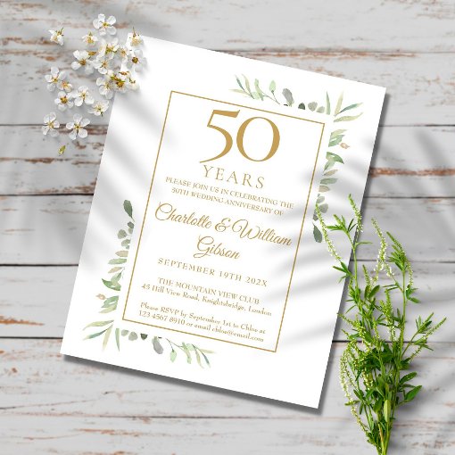 Budget 50th Golden Anniversary Greenery Invitation | Zazzle