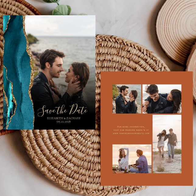Budget 5-Photo Teal Gold Agate Rust Save the Date (Creator Uploaded)