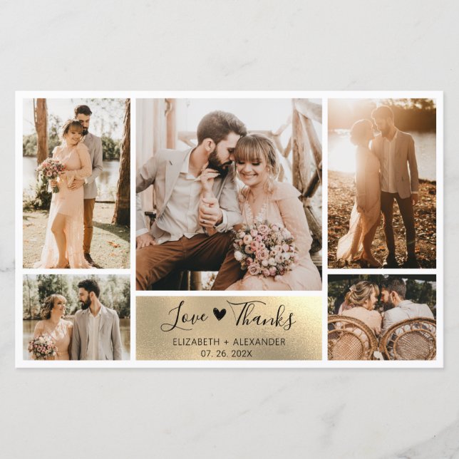 Budget 5 Photos Gold Foil Wedding Thank You Card (Front)