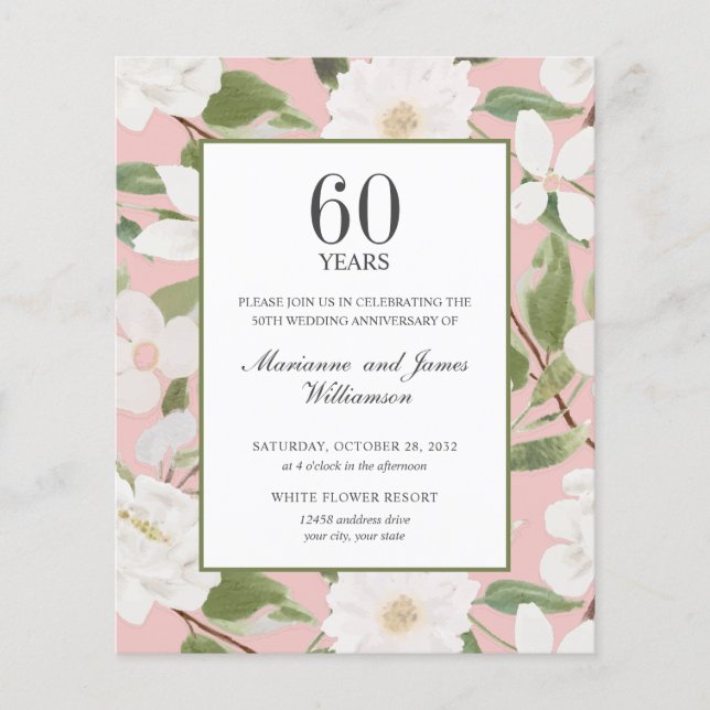 Budget 60th Anniversary PHOTO White Flowers Pink (Front)