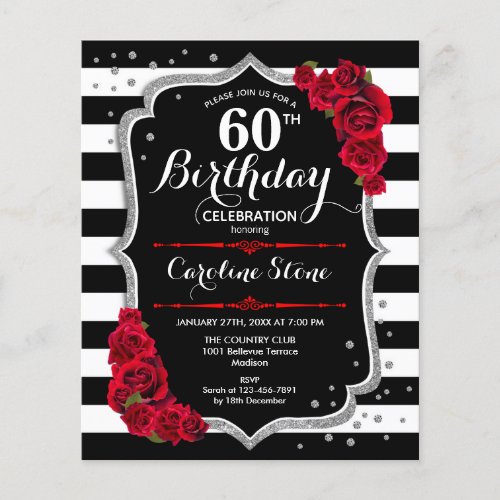 Budget 60th Birthday Black White Red Silver Invite Flyer