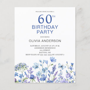 Budget 60th Birthday Blue Floral Invitation Flyer
