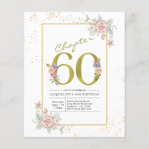 Budget 60th Birthday Floral Gold Script Invitation Flyer
