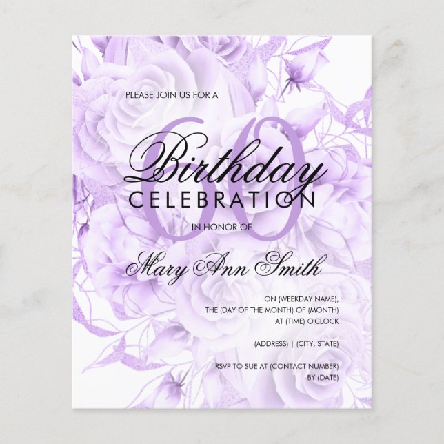 Budget 60th Birthday Floral Purple Invite (Front)