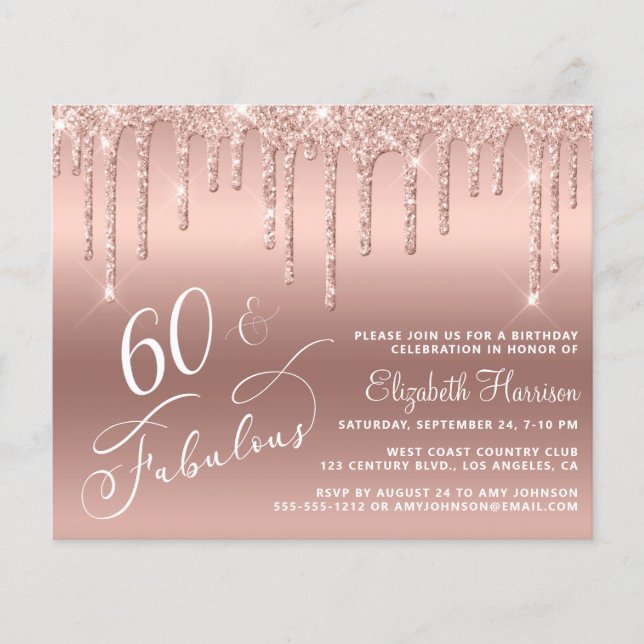 Budget 60th Birthday Glitter Rose Gold Invitation Flyer (Front)