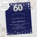 Budget 60th birthday navy blue silver invitation<br><div class="desc">A modern,  stylish and glamorous invitation for a 60th birthday party.  A navy blue background,  decorated with faux silver stars. Personalize and add your name and party details.  Number 60 is written with a balloon style font.</div>