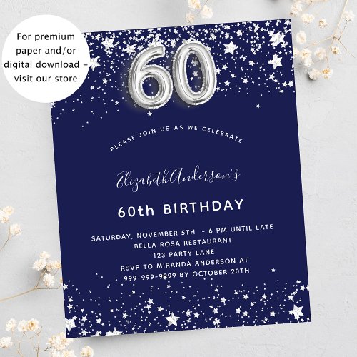 Budget 60th birthday navy blue silver invitation
