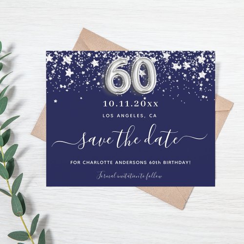 Budget 60th birthday navy blue silver save date