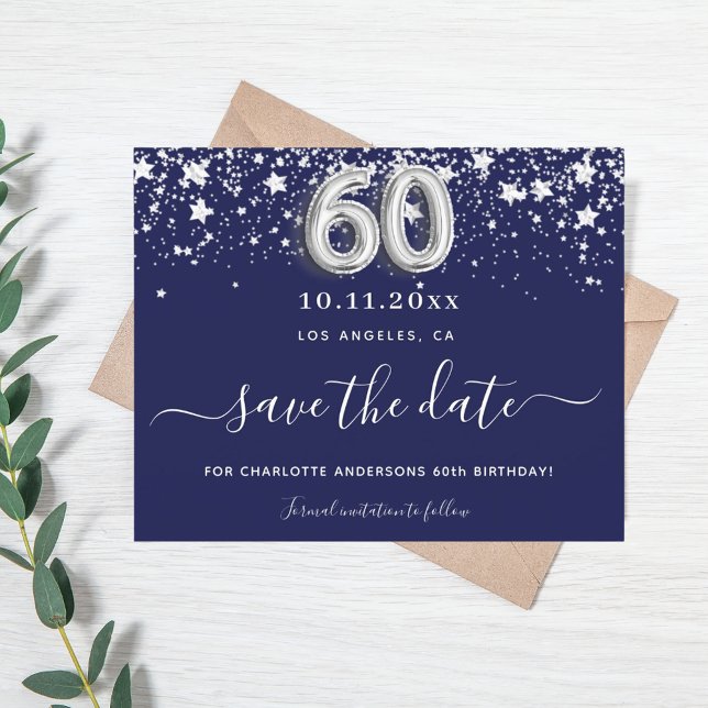 Budget 60th birthday navy blue silver save date (Creator Uploaded)