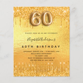 Budget 60th birthday party gold glitter invitation | Zazzle