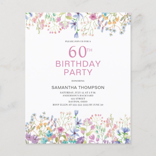 Budget 60th Birthday Pink Floral Invitation (Front)