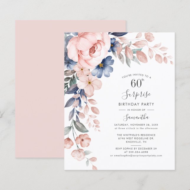 Budget 60th Birthday Pink Floral Party Invitation (Front/Back)