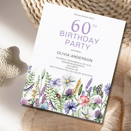 Budget 60th Birthday Purple Floral Invitation