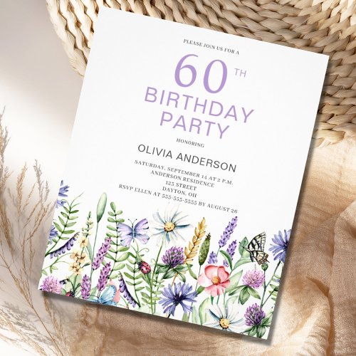 Budget 60th Birthday Purple Floral Invitation Flyer