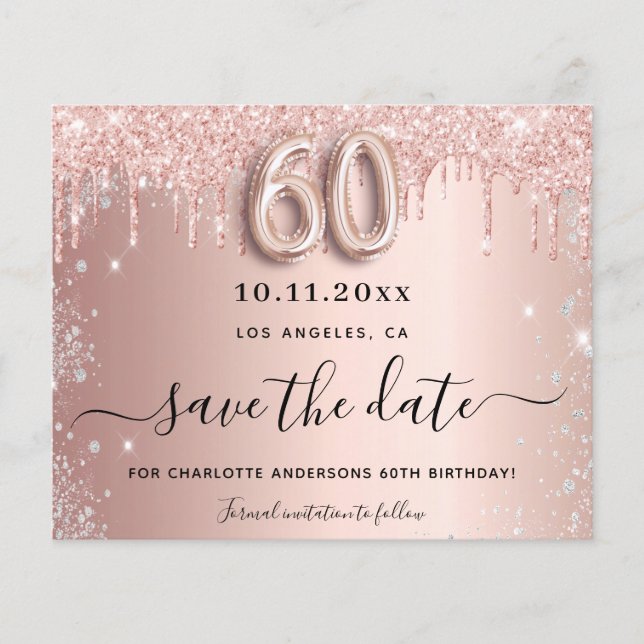 Budget 60th birthday rose glitter save the date (Front)