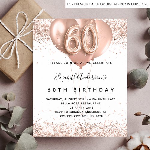 Budget 60th birthday rose gold balloons invitation