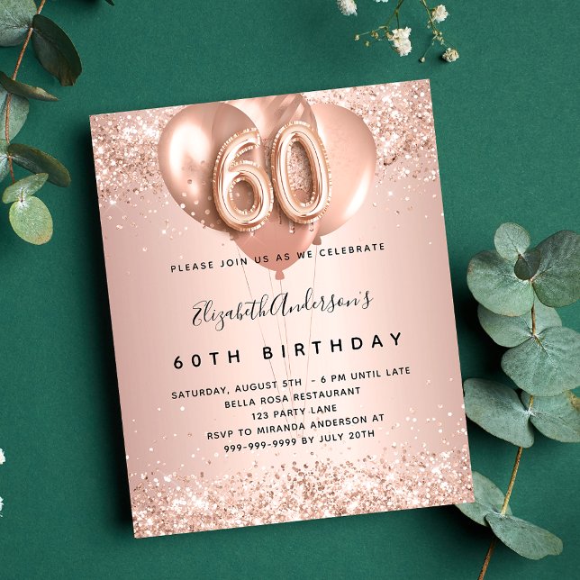 Budget 60th birthday rose gold balloons invitation (Creator Uploaded)