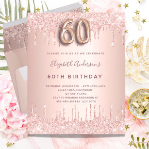 Budget 60th Birthday rose gold glitter pink drips