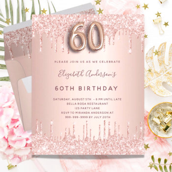 Budget 60th Birthday Rose Gold Glitter Pink Drips by Thunes at Zazzle