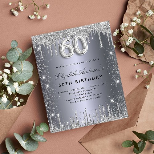 Budget 60th birthday silver glitter invitation